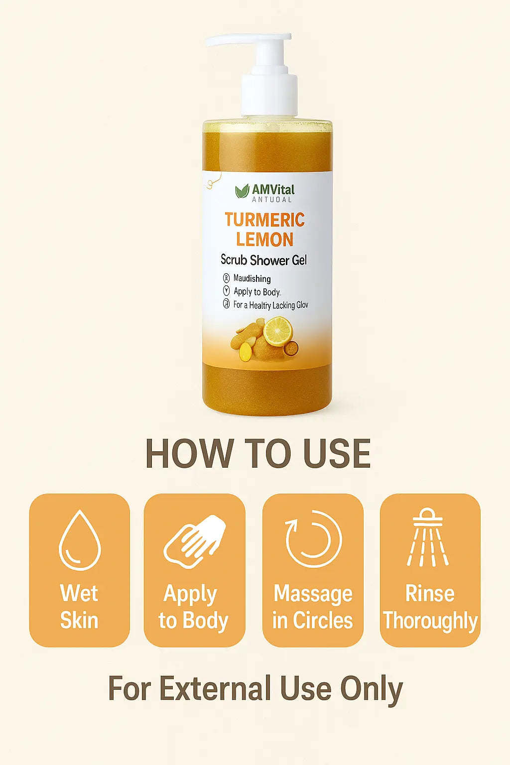 Turmeric Lemon scrub shower gel bottle with usage instructions on a beige background