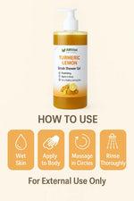 Turmeric Lemon scrub shower gel bottle with usage instructions on a beige background