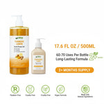 Two bottles of Turmeric Lemon Scrub Shower Gel with product details on a white background