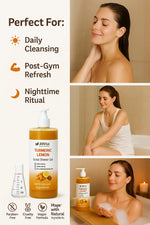 Turmeric Lemon Scrub Shower Gel with usage scenarios and product details.