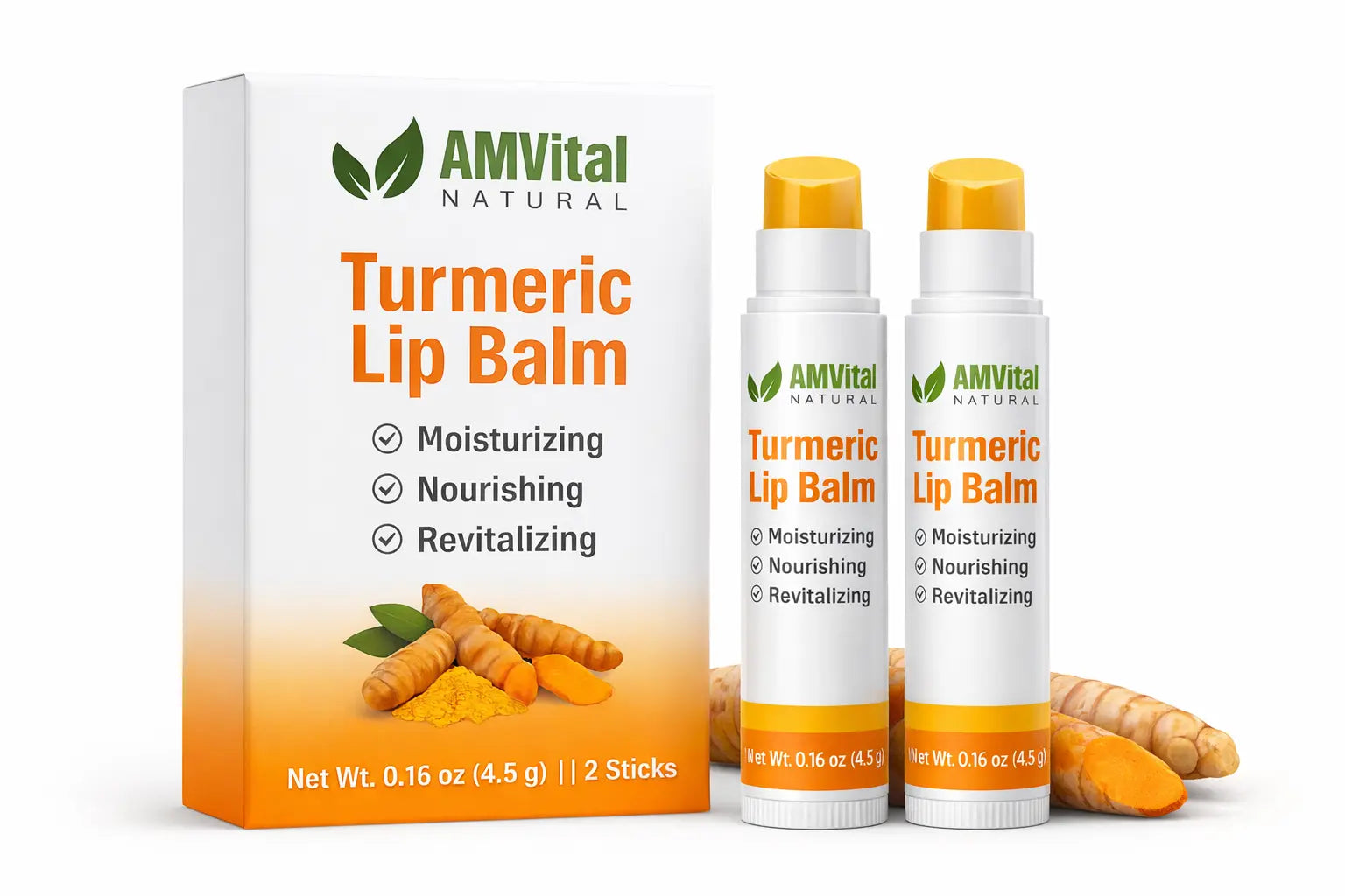 AMVital Turmeric Lip Balm packaging and two lip balms on a white background