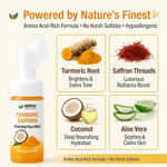 AMVital Turmeric Saffron Foaming Face Wash with ingredients and benefits on a beige background