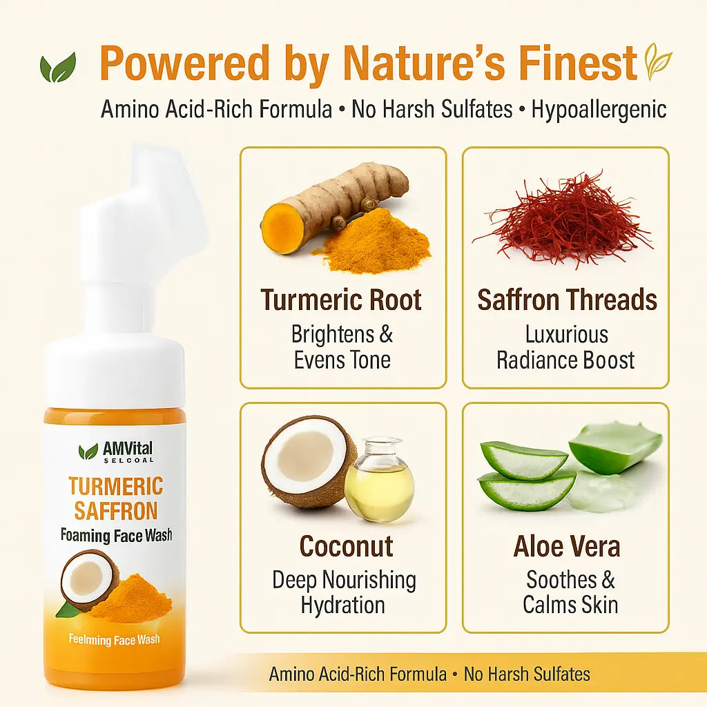 AMVital Turmeric Saffron Foaming Face Wash with ingredients and benefits on a beige background