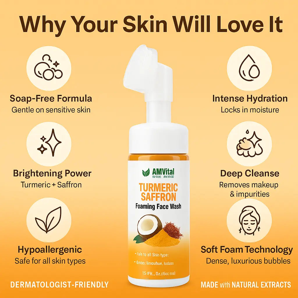 AMVital Turmeric Saffron Foaming Face Wash with benefits listed on a yellow background