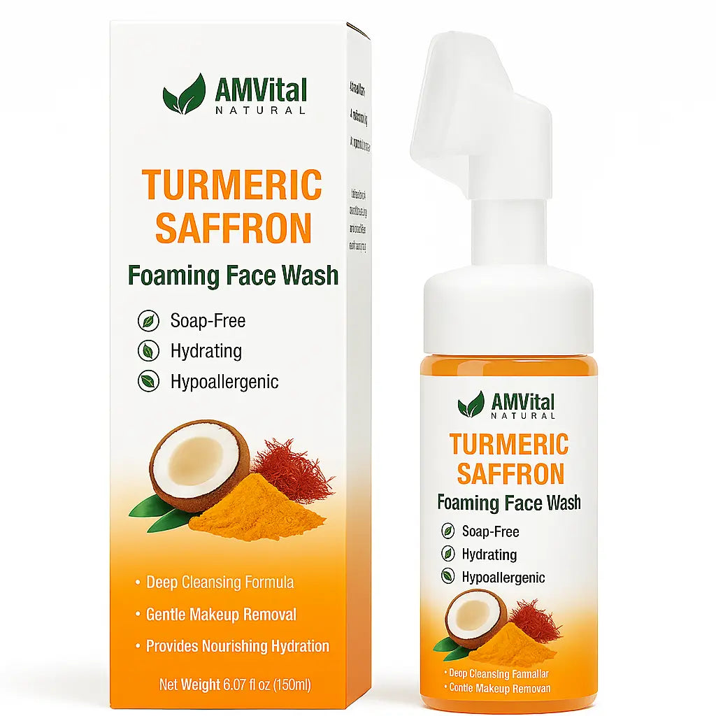 AMVital Turmeric Saffron Foaming Face Wash packaging on a white background