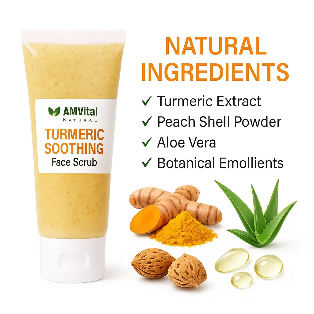 AMVital Turmeric Soothing Face Scrub with natural ingredients on a white background