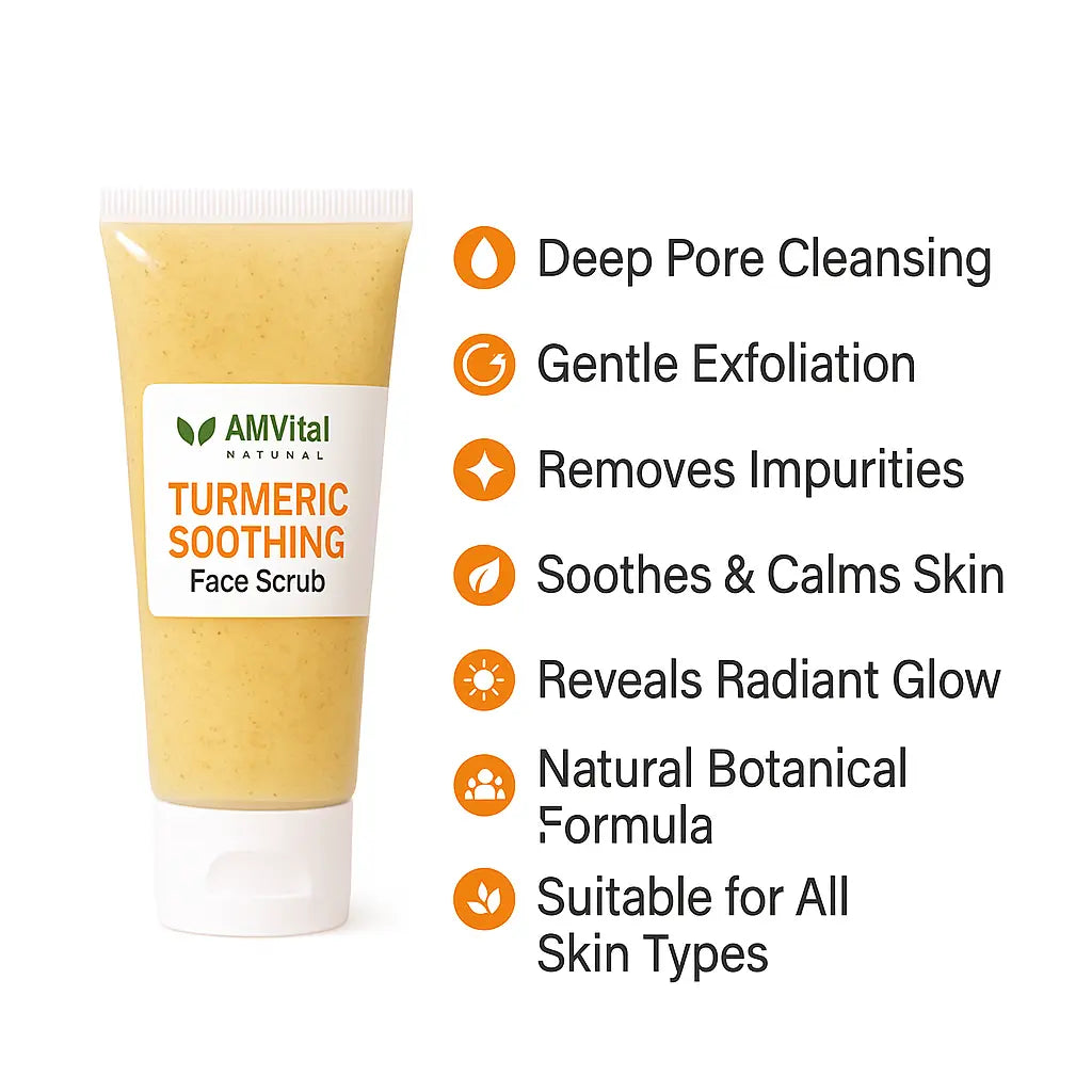 AMVital Turmeric Soothing Face Scrub with product features listed on a white background