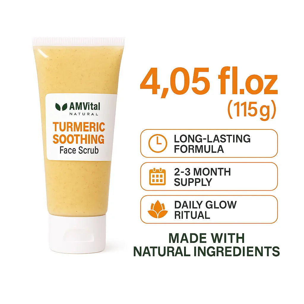 AMVital Turmeric Soothing Face Scrub tube with product details on a white background