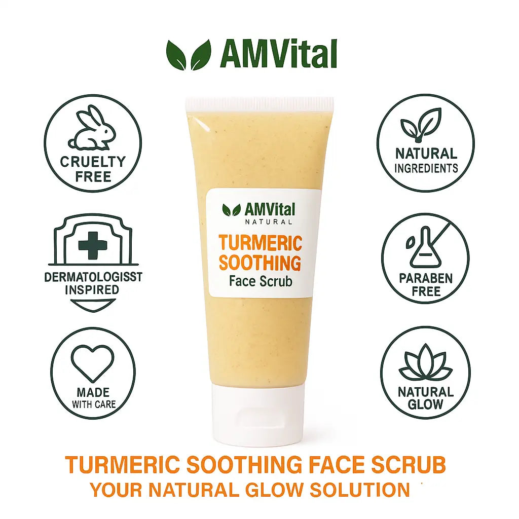 AMVital Turmeric Soothing Face Scrub with brand icons on a white background