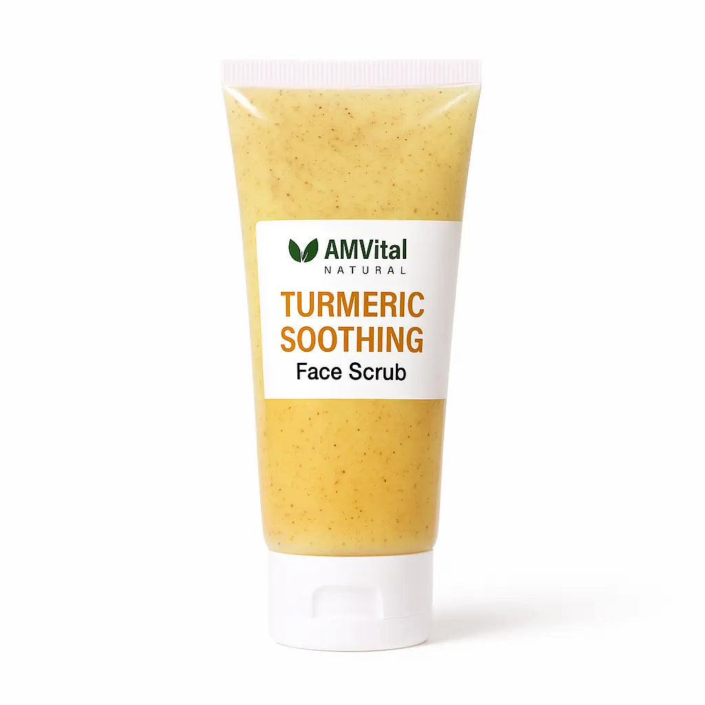 AMVital Turmeric Soothing Face Scrub tube on a white background