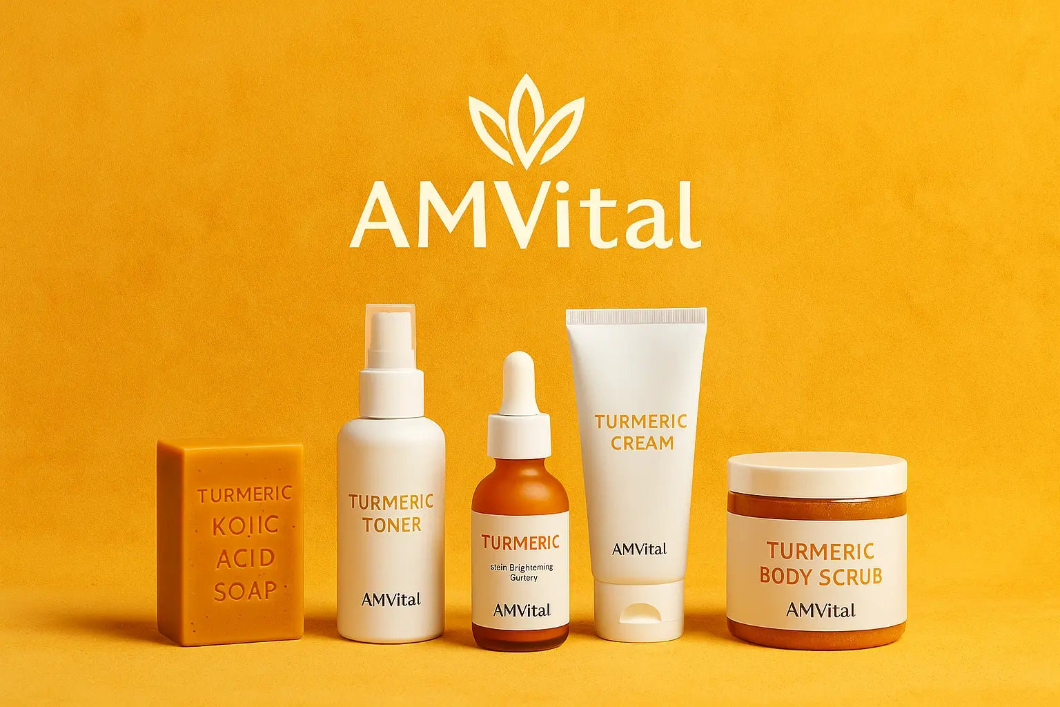 AMVital skincare products displayed on a clean turmeric-toned background for Where to Buy hero banner