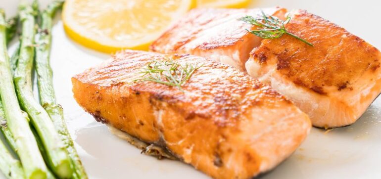 Salmon on a plate for brain health.