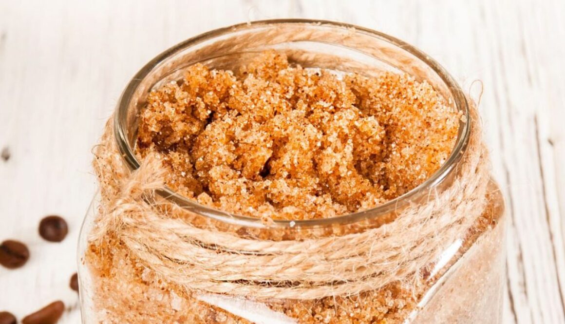 A jar of brown sugar body scrub.