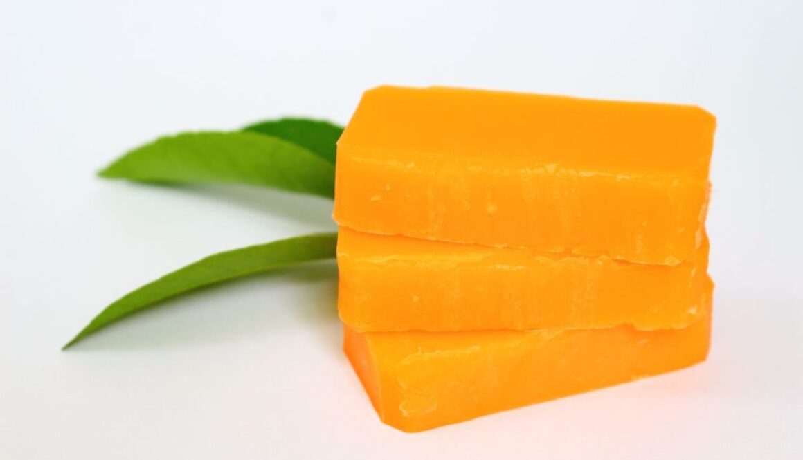 The kojic acid soap bar is sliced.