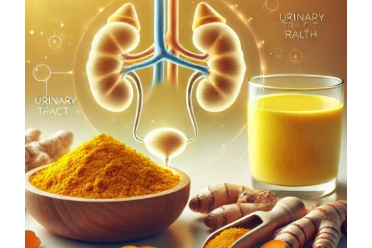 A bowl of turmeric and a cup of juice made from turmeric are suitable for treating UTI.