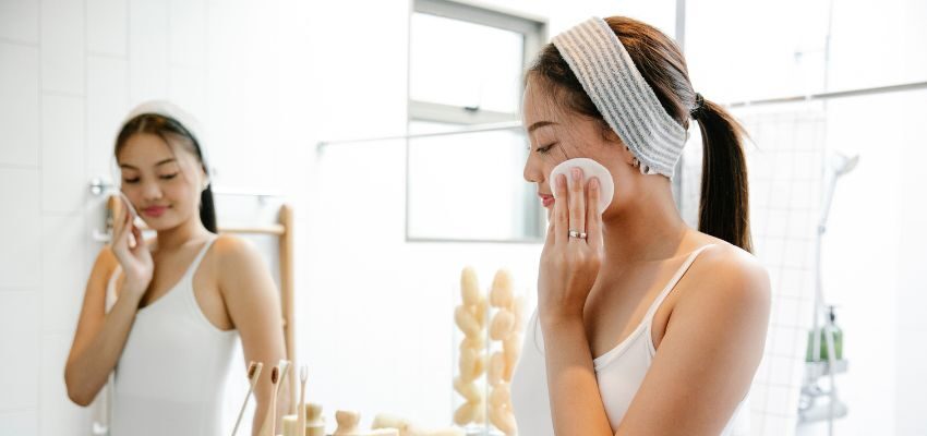 The woman uses a turmeric cleansing pad to cleanse her face.