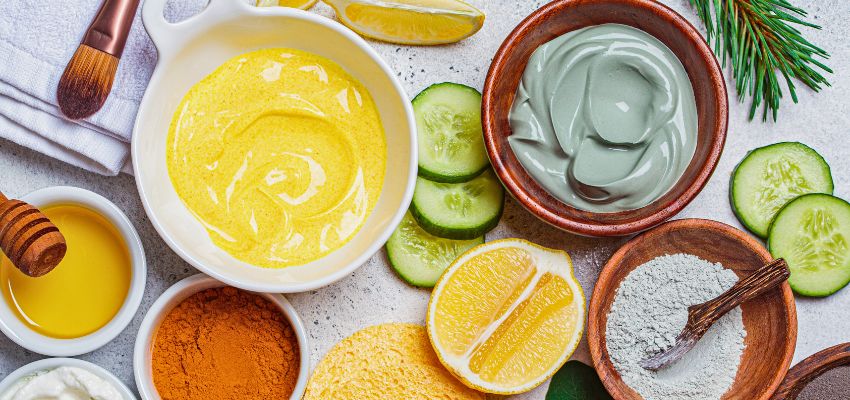 how long to leave turmeric on face (1) Bowls of turmeric face masks are surrounded by the ingredients used.